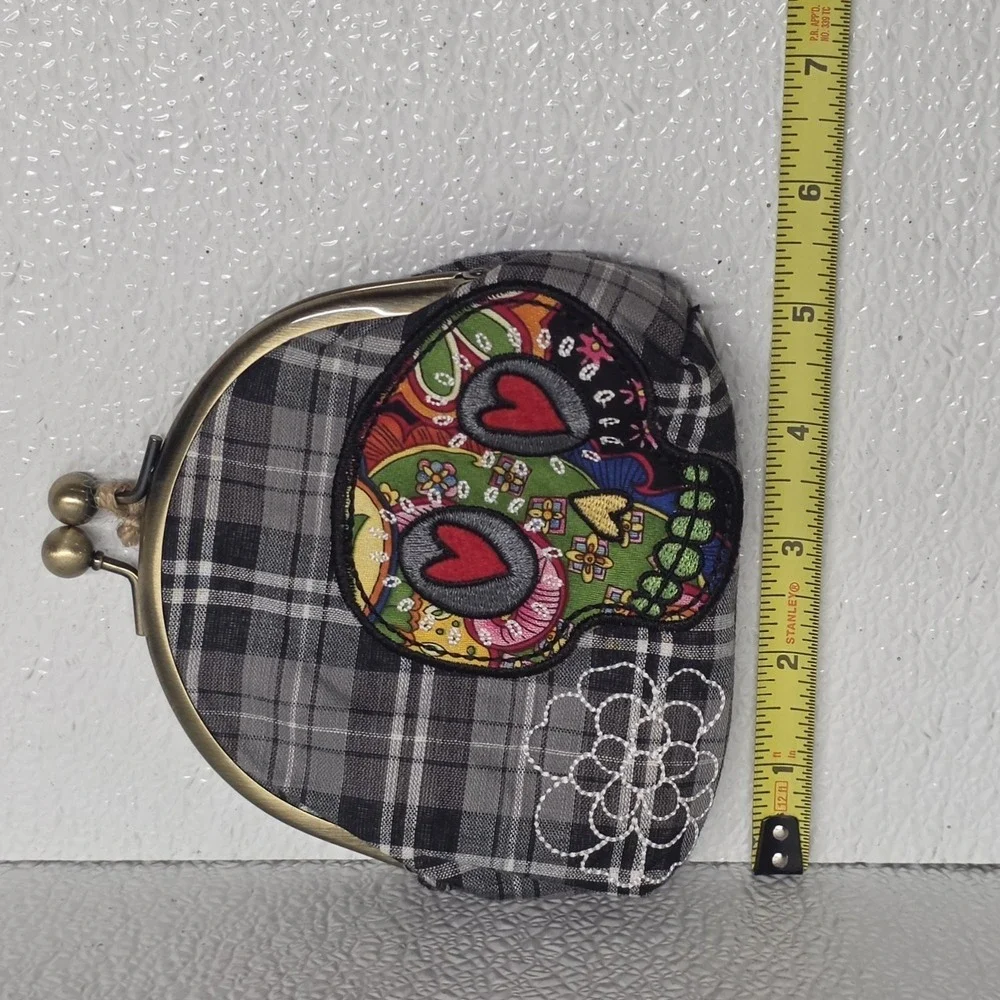 Karma Black Plaid Multicolor Embroidered Sugar Skull Clasp Purse Clutch NWT